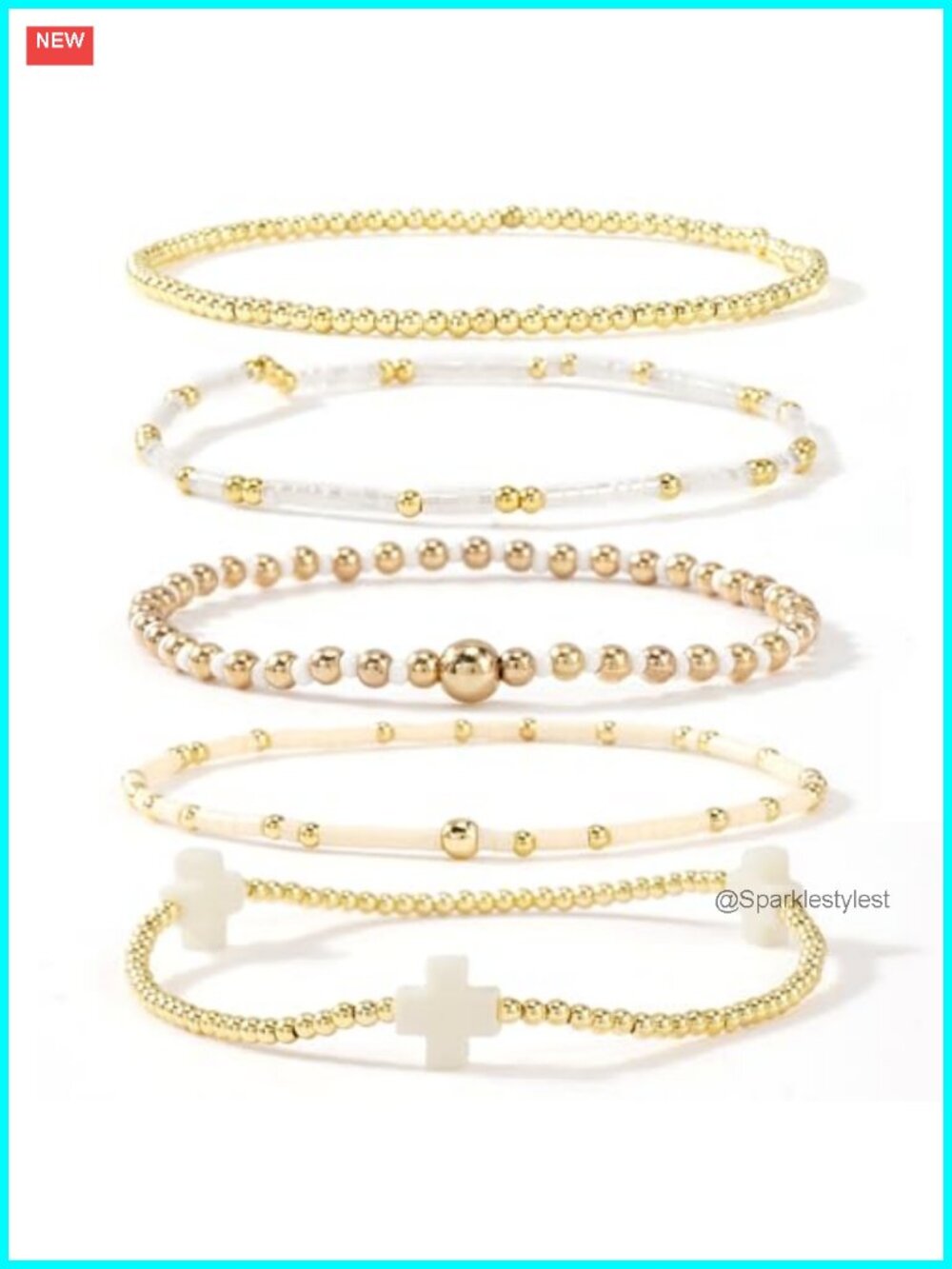 Gold Beaded Bracelets Stack Stretch 14K Gold Plated Beads Ball Cross